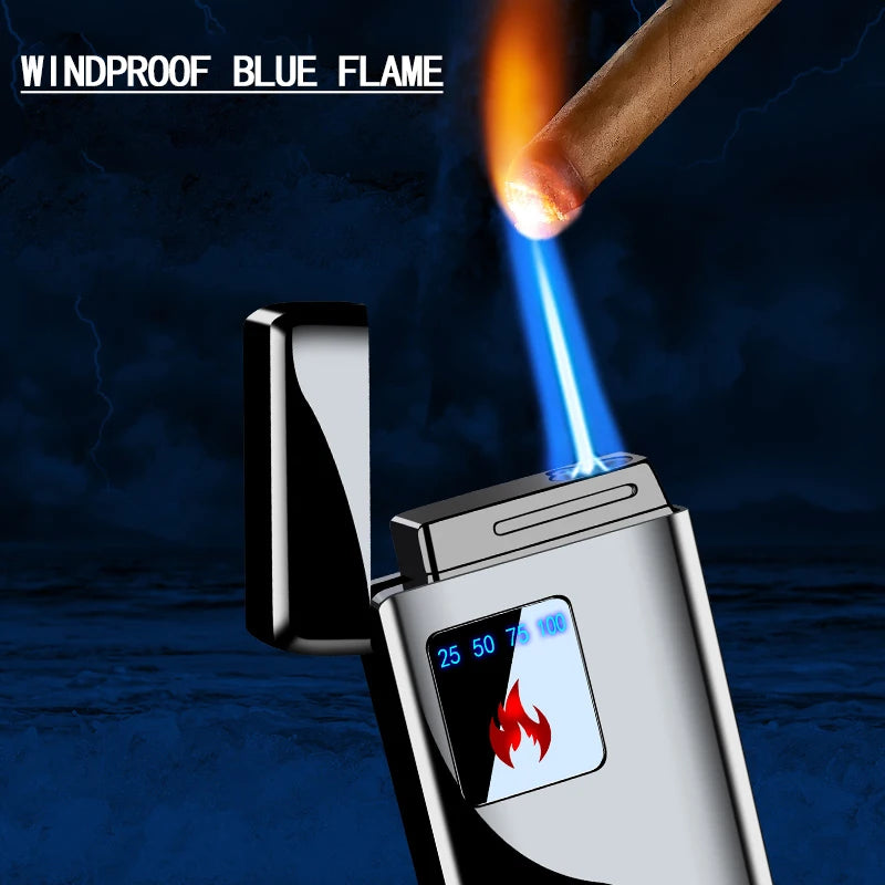 Electricity Blue Flame Ice Plating  Digital Display Power Touch Sensor Windproof Jet Cigar Torch Lighter Without Gas