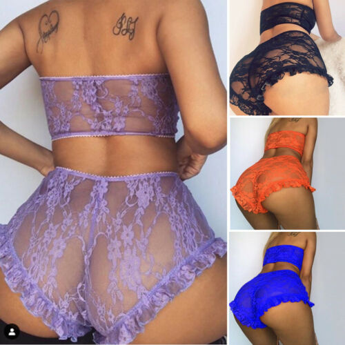 Women Sexy 2PCS Lingerie Set, Floral Lace Crop Slim See Through Mesh Top, High Waist Ruffle Short Pants Sleepwear Set
